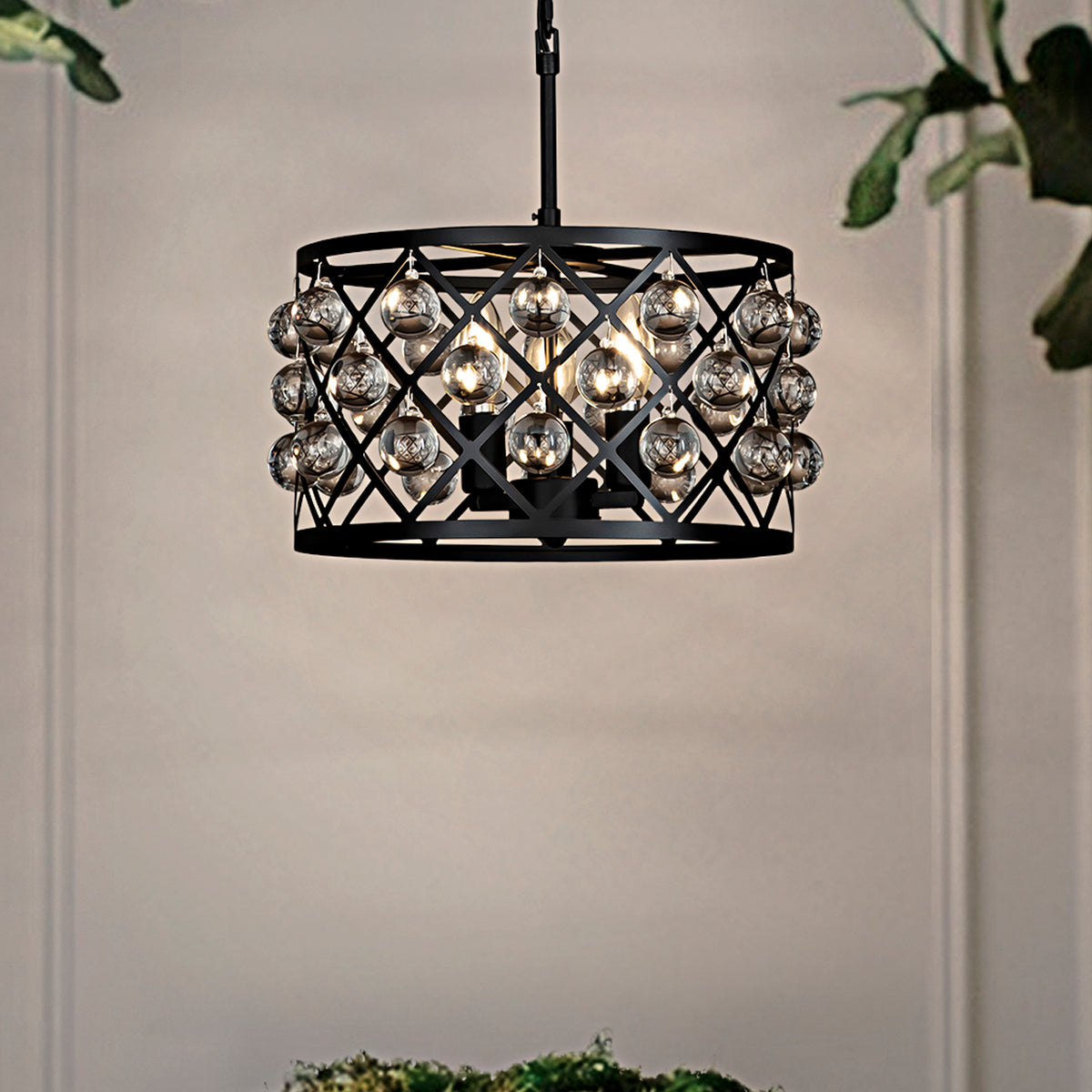 OPEN BOX- Farmhouse Black Drum Chandelier with Crystal Spheres