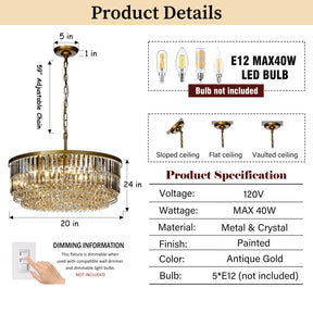 5 Light 24" Antique Brass Luxury Tier Crystal Chandelier