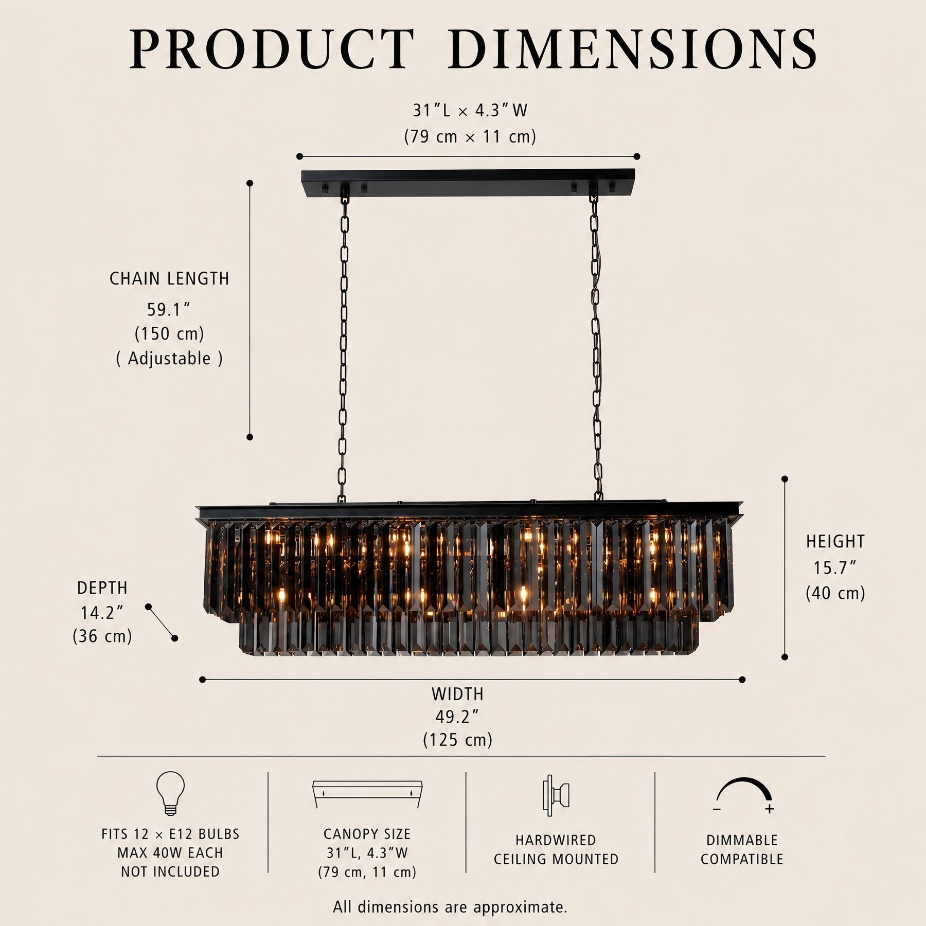 12-Light Modern Luxury Rectangular Fring Crystal Chandelier 49” Black Linear Pendant Light with Smoked Crystals for Kitchen Island, Dining Room