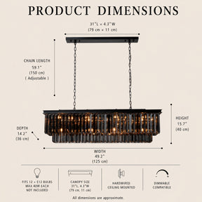 12-Light Modern Luxury Rectangular Fring Crystal Chandelier 49” Black Linear Pendant Light with Smoked Crystals for Kitchen Island, Dining Room