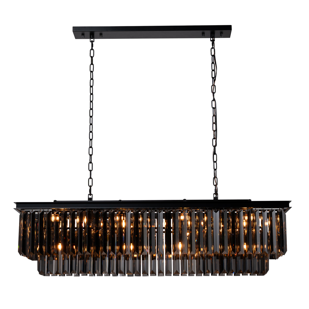 12-Light Modern Luxury Rectangular Fring Crystal Chandelier 49” Black Linear Pendant Light with Smoked Crystals for Kitchen Island, Dining Room
