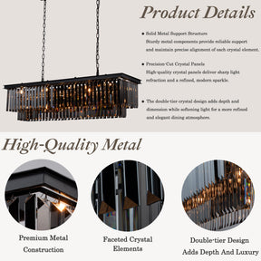 12-Light Modern Luxury Rectangular Fring Crystal Chandelier 49” Black Linear Pendant Light with Smoked Crystals for Kitchen Island, Dining Room