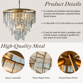 Modern 6-Light 18in. Painted Brass Luxury Water Ripple Glass Chandelier for Living Room