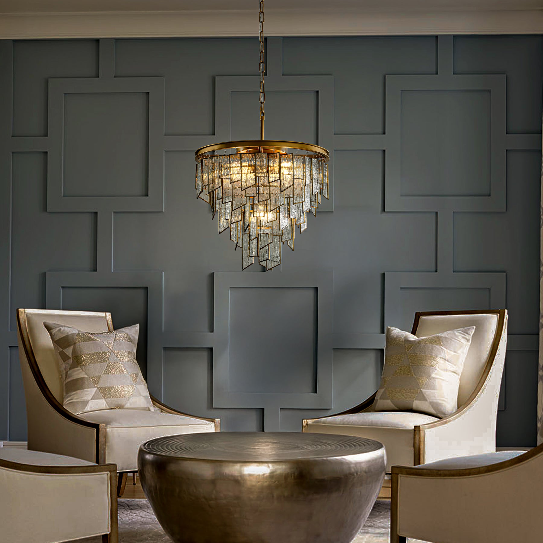 OpenBox Modern 6-Light 18in. Painted Brass Luxury Water Ripple Glass Chandelier for Living Room