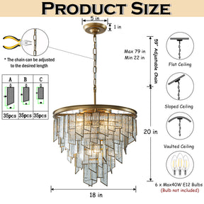 Modern 6-Light 18in. Painted Brass Luxury Water Ripple Glass Chandelier for Living Room