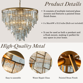 9-Light Luxury Water Ripple Glass Chandelier Pendant Light Modern Brass Frame Lighting Fixture for Dining Room Living Room and Kitchen Island