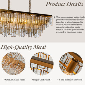 4-Light Mid-Century Modern Matte Gold Water Glass Fringe Chandelier for Dining Room