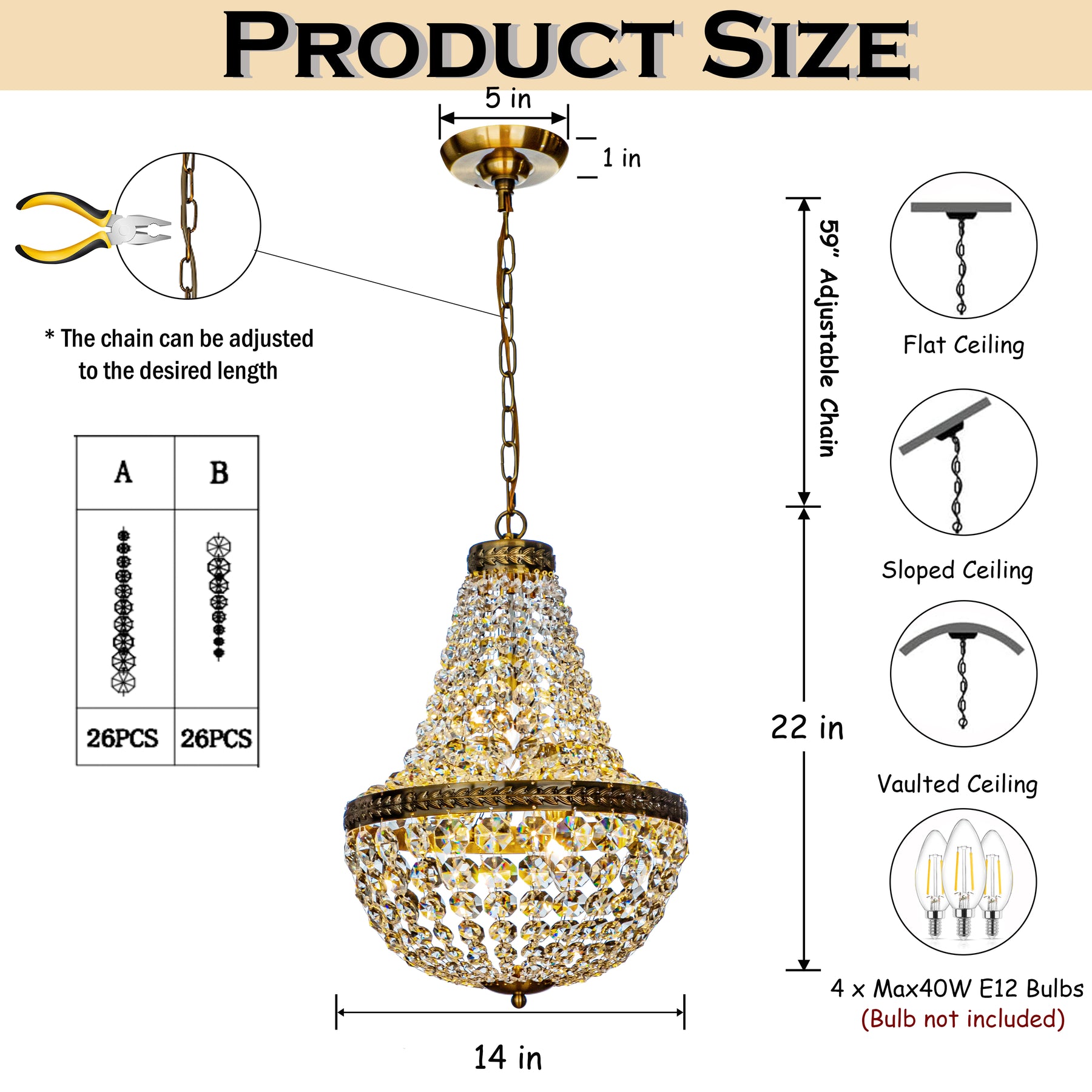 4-Light Vintage Crystal Basket Chandelier French Country Decor in Antique Gold