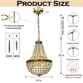 4-Light Vintage Crystal Basket Chandelier French Country Decor in Antique Gold