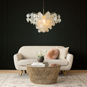 6-Light 29.5" Cone Shape 5-Tier Coastal Capiz Shells Chandelier With Antique Gold Metal