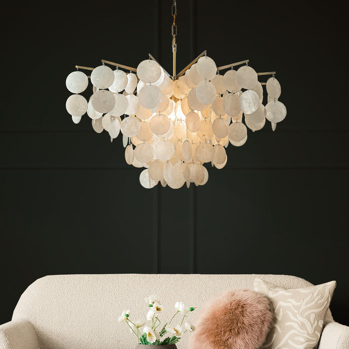 6-Light 29.5" Cone Shape 5-Tier Coastal Capiz Shells Chandelier With Antique Gold Metal