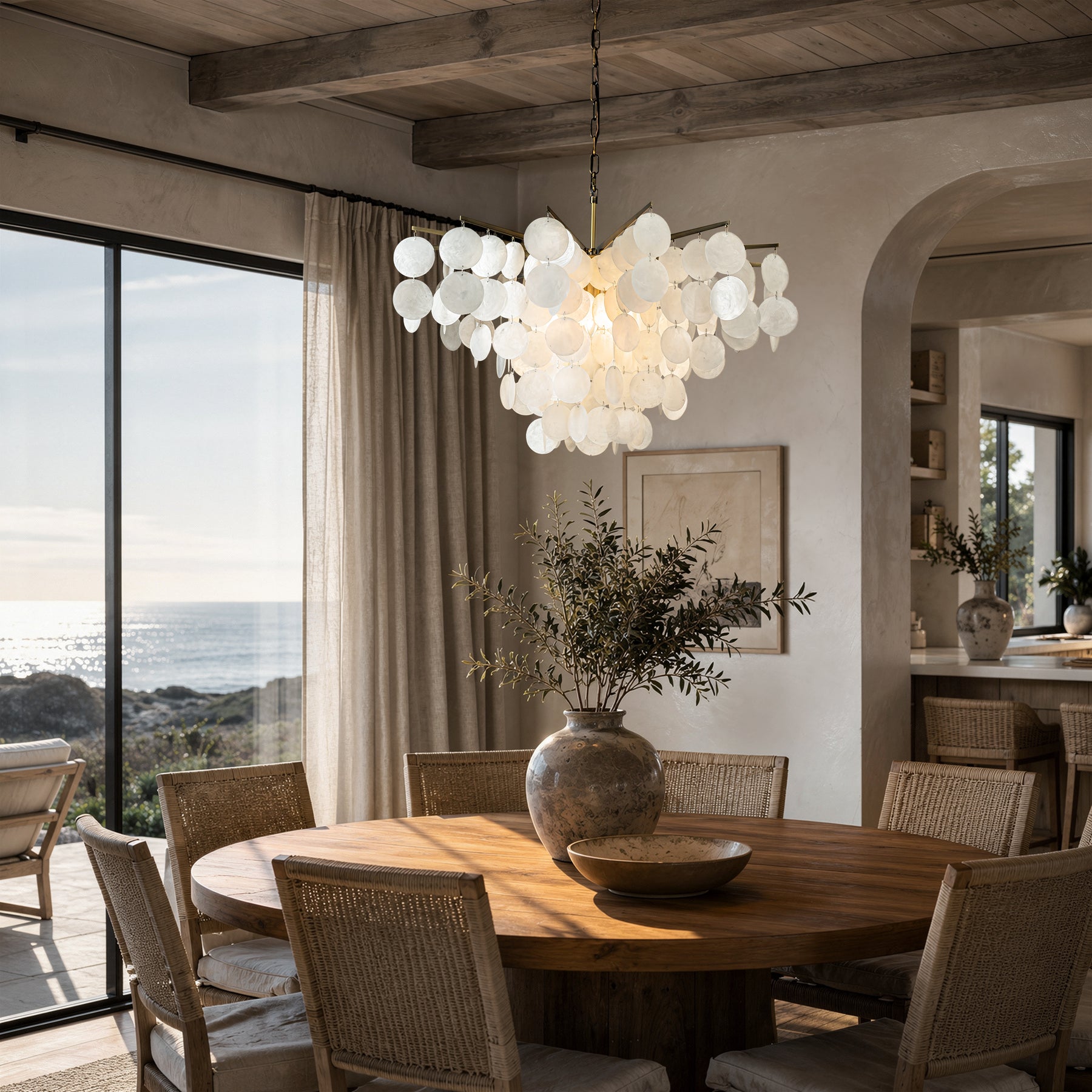 OpenBox 6-Light 29.5" Glam Coastal Capiz Tiered Chandelier With Seashell Accents