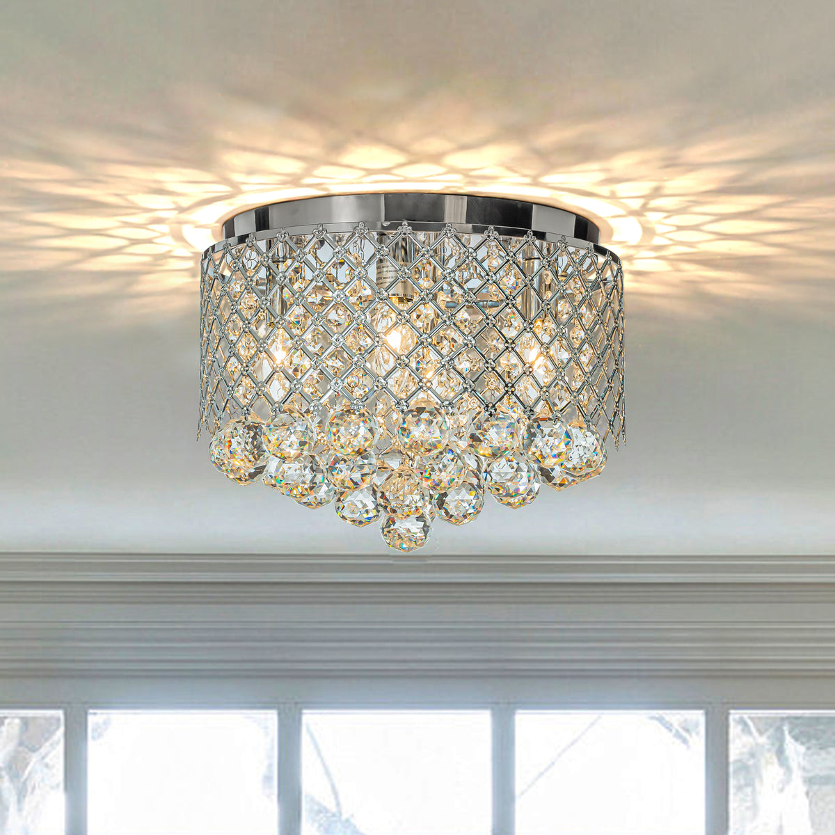 Open Box 4-Light 14" Classic Glam Chrome Crystal Lattice Flush Mount Ceiling Light
