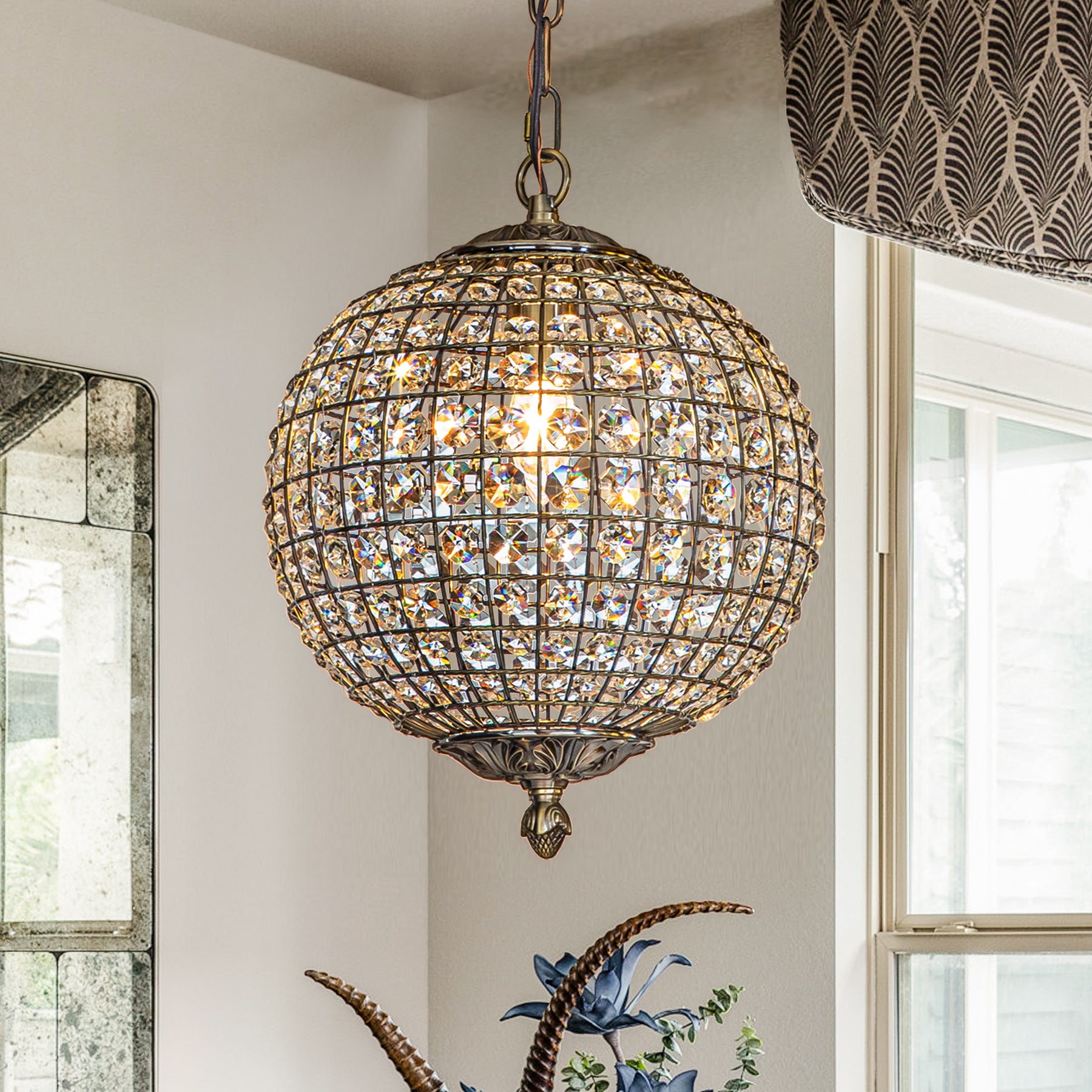 OpenBox 1-Light 12" Retro Antique Gold Crystal Globe Chandelier With Crystal Accents