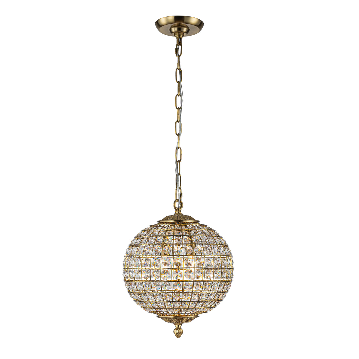 2-Light W12 in. Warm Brass Globe Chandelier Small Crystal Vintage Chandelier Cage-Style Shade Pendant Light for Kitchen Island Sphere Chandelier for Bedoom