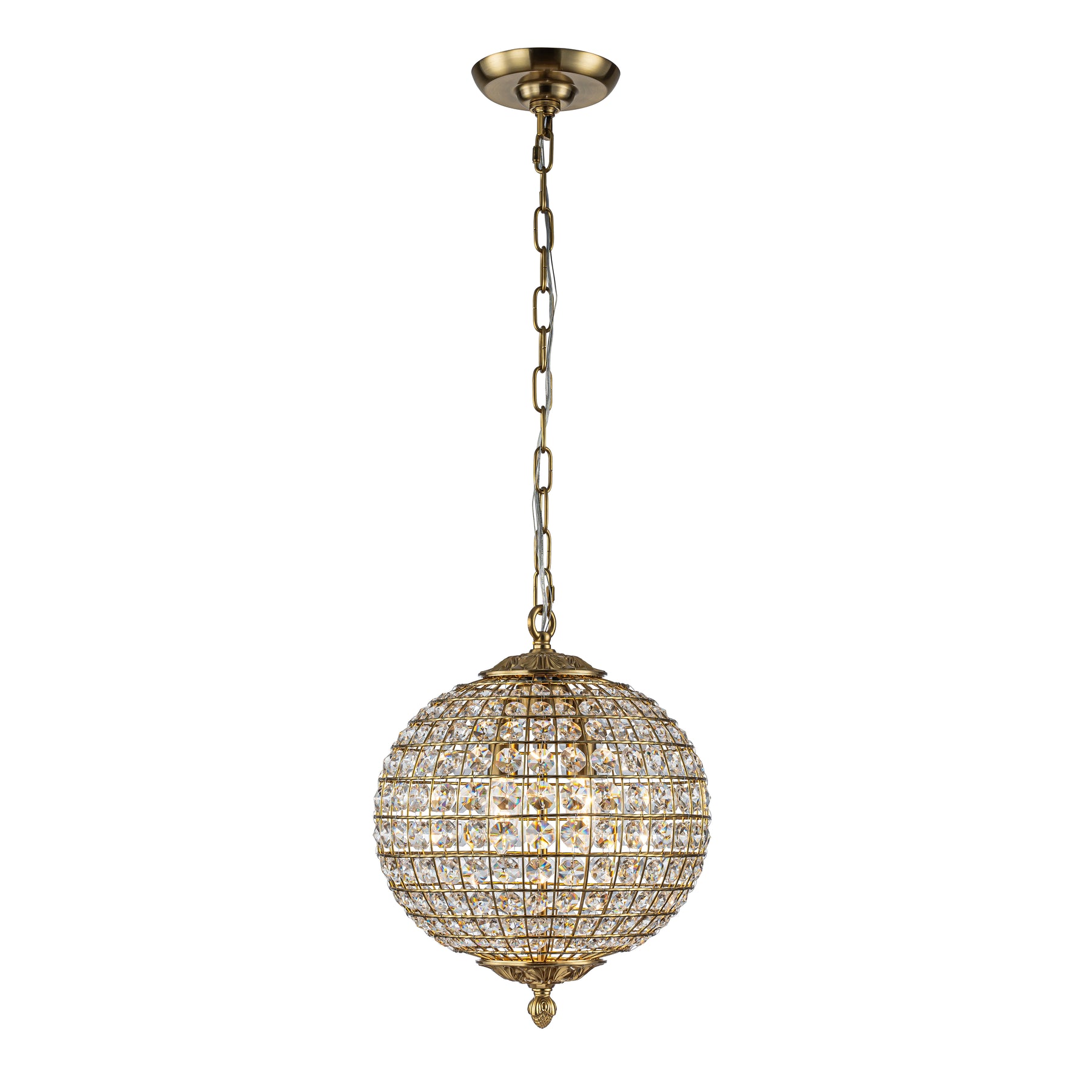 2-Light W12 in. Warm Brass Globe Chandelier Small Crystal Vintage Chandelier Cage-Style Shade Pendant Light for Kitchen Island Sphere Chandelier for Bedoom