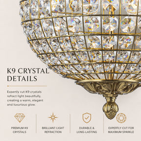 2-Light W12 in. Warm Brass Globe Chandelier Small Crystal Vintage Chandelier Cage-Style Shade Pendant Light for Kitchen Island Sphere Chandelier for Bedoom