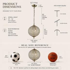 2-Light W12 in. Warm Brass Globe Chandelier Small Crystal Vintage Chandelier Cage-Style Shade Pendant Light for Kitchen Island Sphere Chandelier for Bedoom