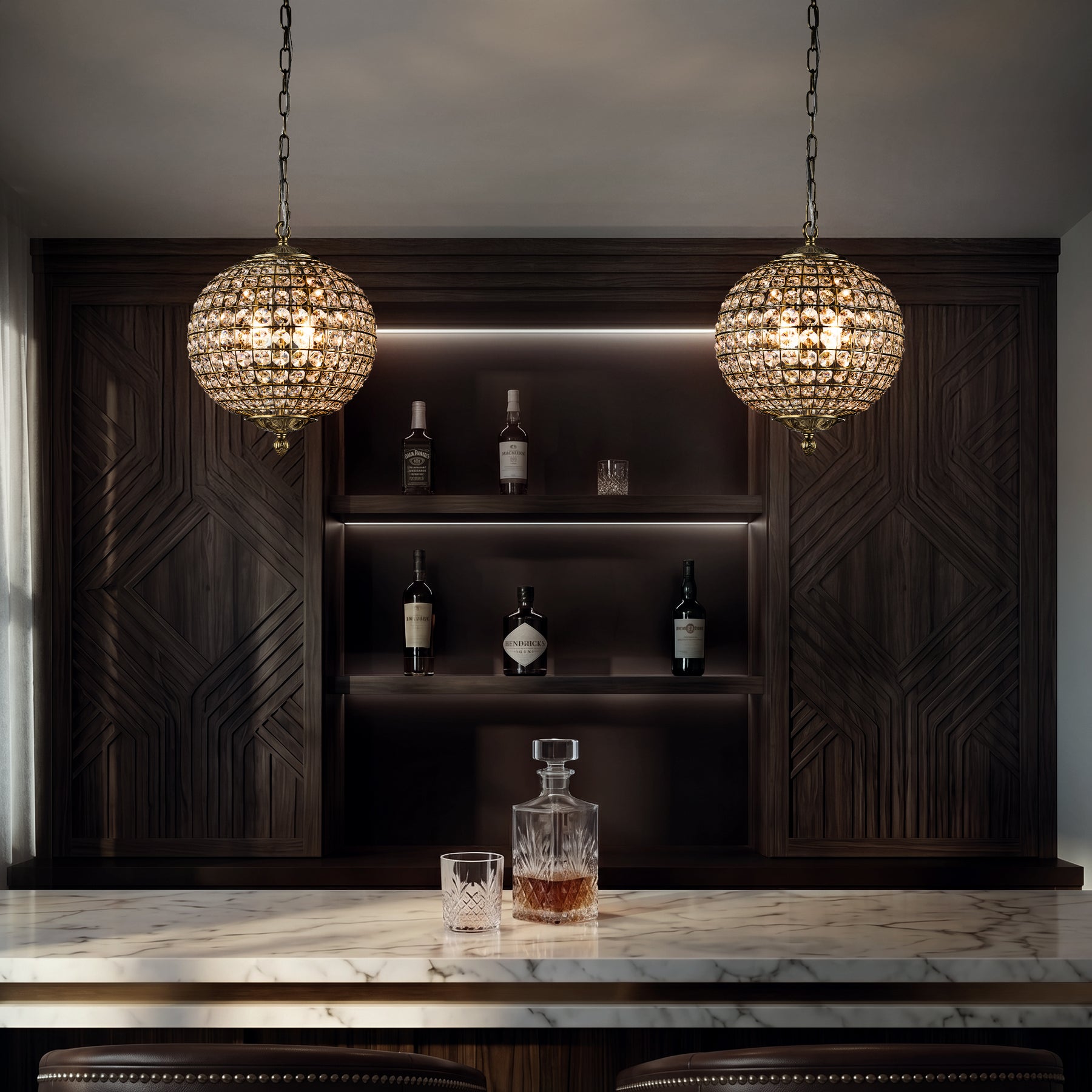 2-Light W12 in. Warm Brass Globe Chandelier Small Crystal Vintage Chandelier Cage-Style Shade Pendant Light for Kitchen Island Sphere Chandelier for Bedoom
