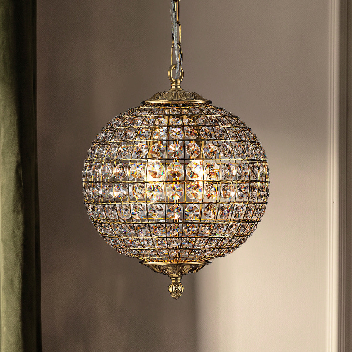 2-Light W12 in. Warm Brass Globe Chandelier Small Crystal Vintage Chandelier Cage-Style Shade Pendant Light for Kitchen Island Sphere Chandelier for Bedoom