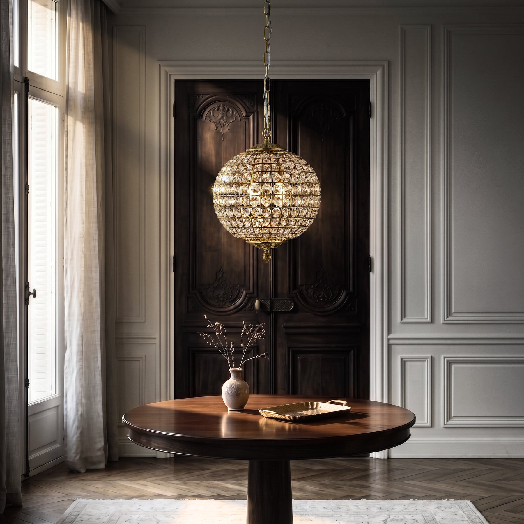 2-Light W12 in. Warm Brass Globe Chandelier Small Crystal Vintage Chandelier Cage-Style Shade Pendant Light for Kitchen Island Sphere Chandelier for Bedoom