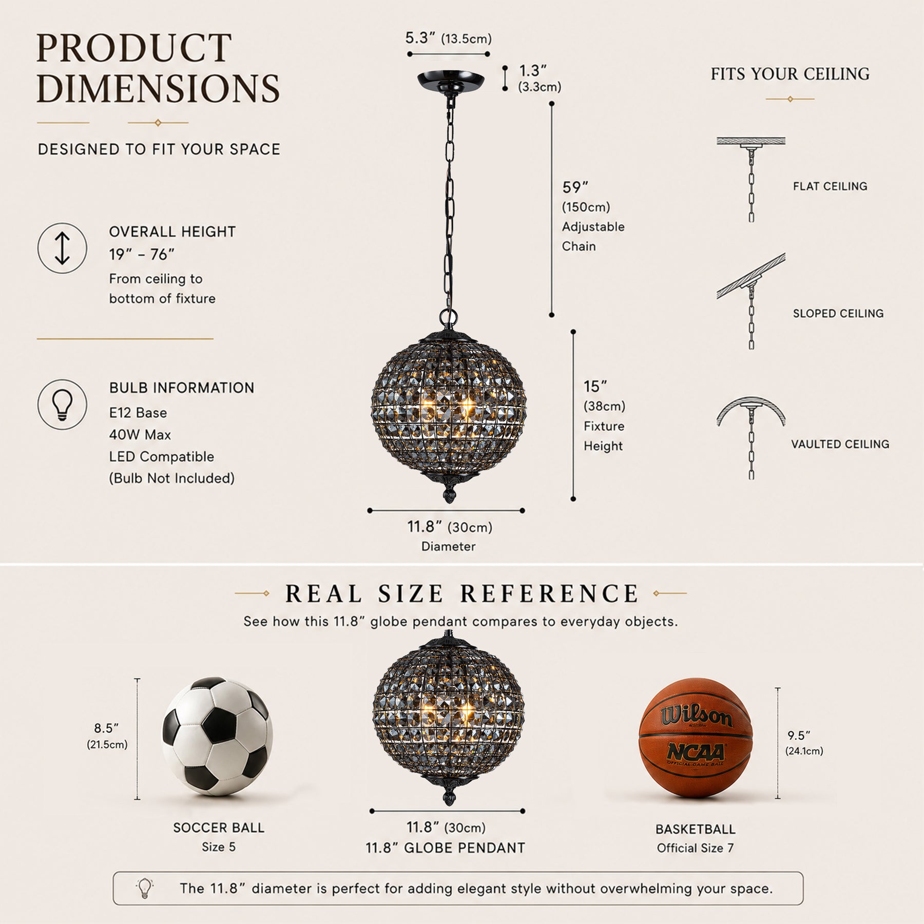 Modern Glam 2-Light Smoke Crystal Black Globe Chandelier Pendant Light with Adjustable Chain for Dining Room and Entryway
