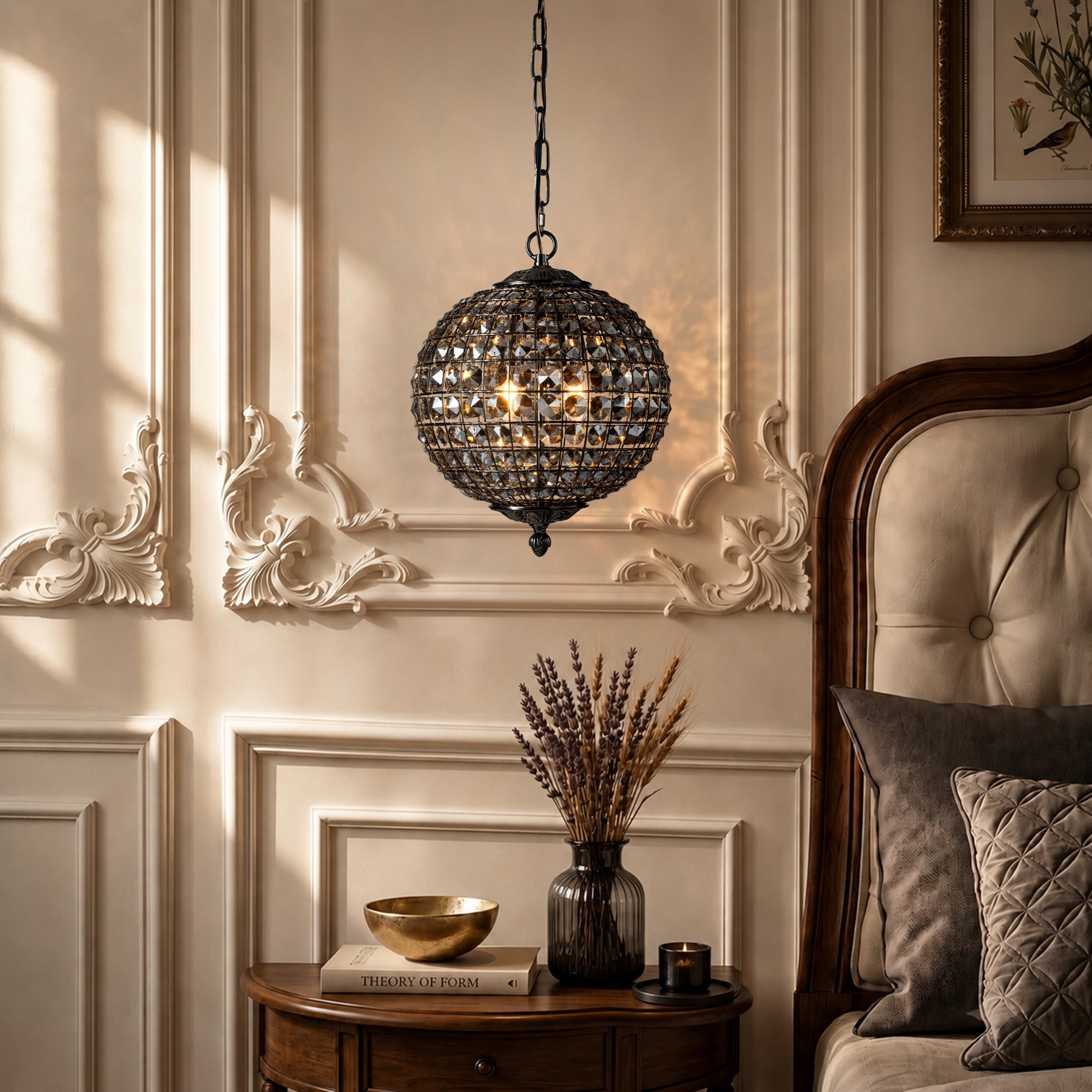 Modern Glam 2-Light Smoke Crystal Black Globe Chandelier Pendant Light with Adjustable Chain for Dining Room and Entryway