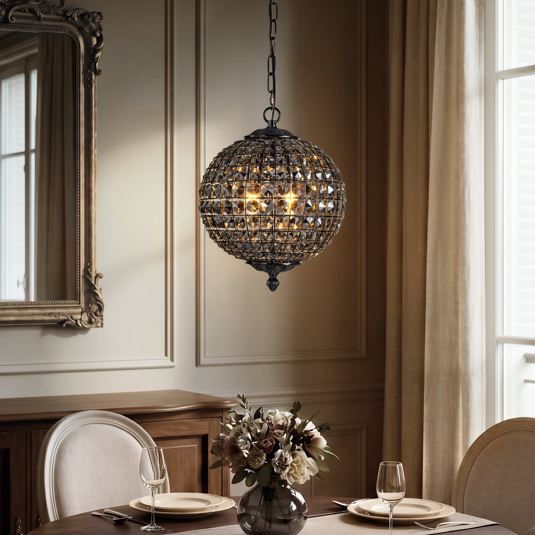 Modern Glam 2-Light Smoke Crystal Black Globe Chandelier Pendant Light with Adjustable Chain for Dining Room and Entryway