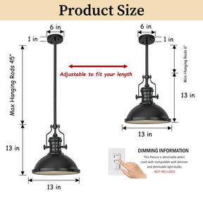 1-Light 13" Modern Industrial Matte Black Single Dome Pendant Light for Kitchen Island