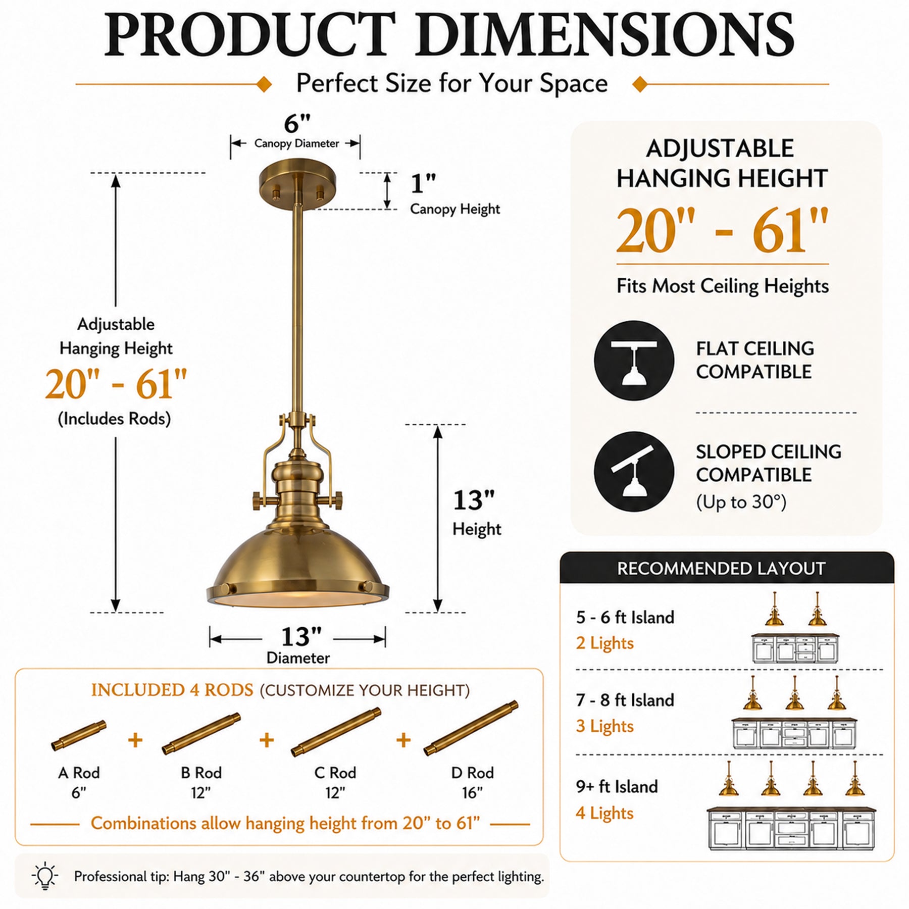 Industrial Antique Brass Dome Pendant Light for Kitchen Island