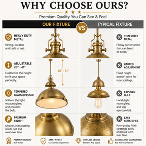 Industrial Antique Brass Dome Pendant Light for Kitchen Island