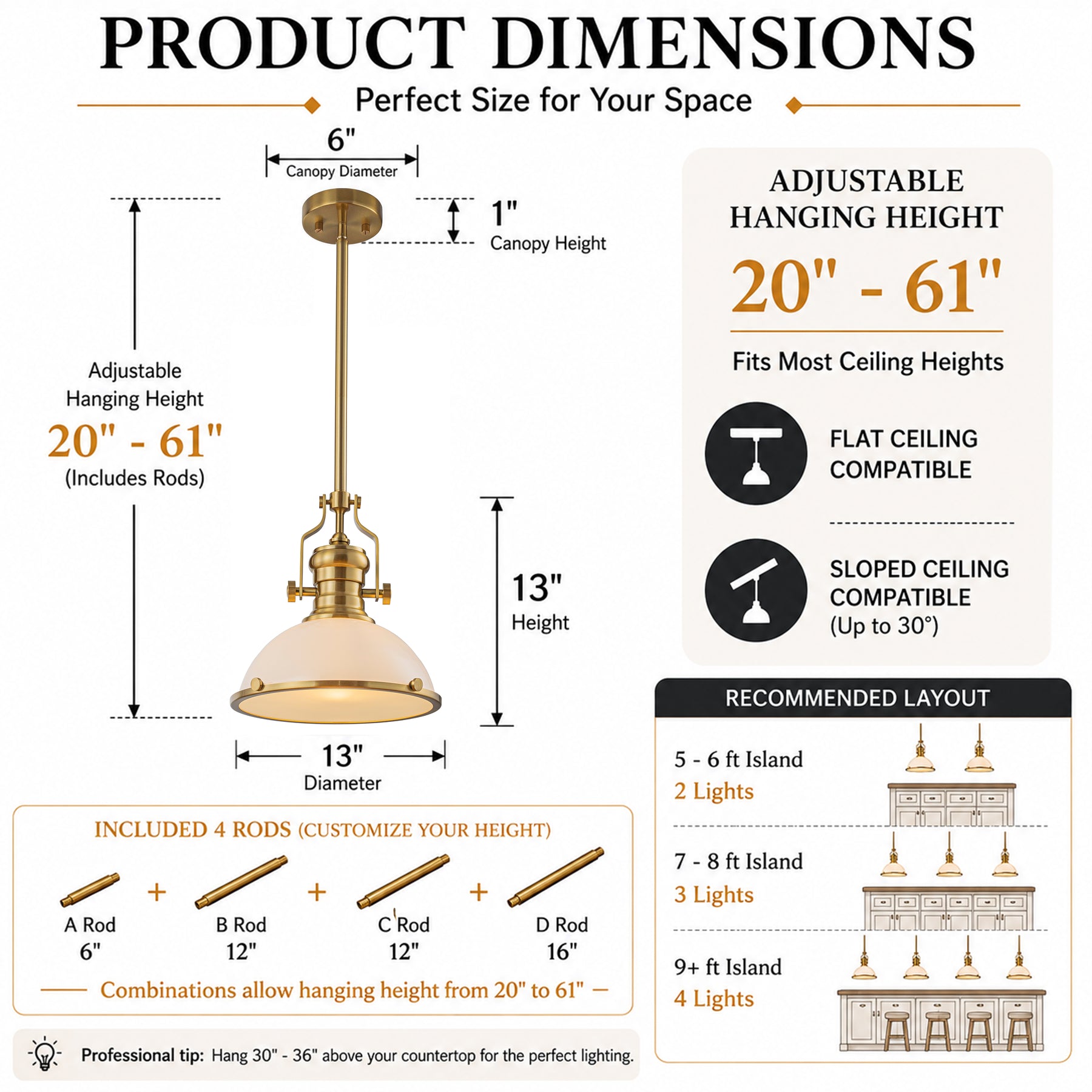 10" Modern Industrial Iron 1 -Light Warm Brass Gold/White French country/cottage Metal Dome Medium Hanging Kitchen Island Light