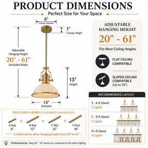 10" Modern Industrial Iron 1 -Light Warm Brass Gold/White French country/cottage Metal Dome Medium Hanging Kitchen Island Light