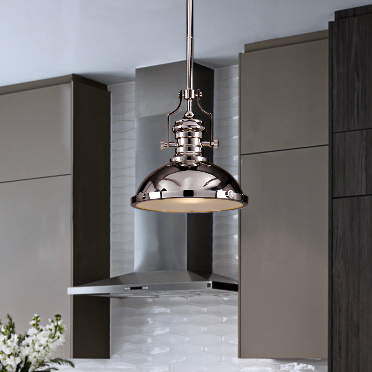 OPEN BOX-Industrial Polished Nickel Dome Pendant Light for Kitchen Island