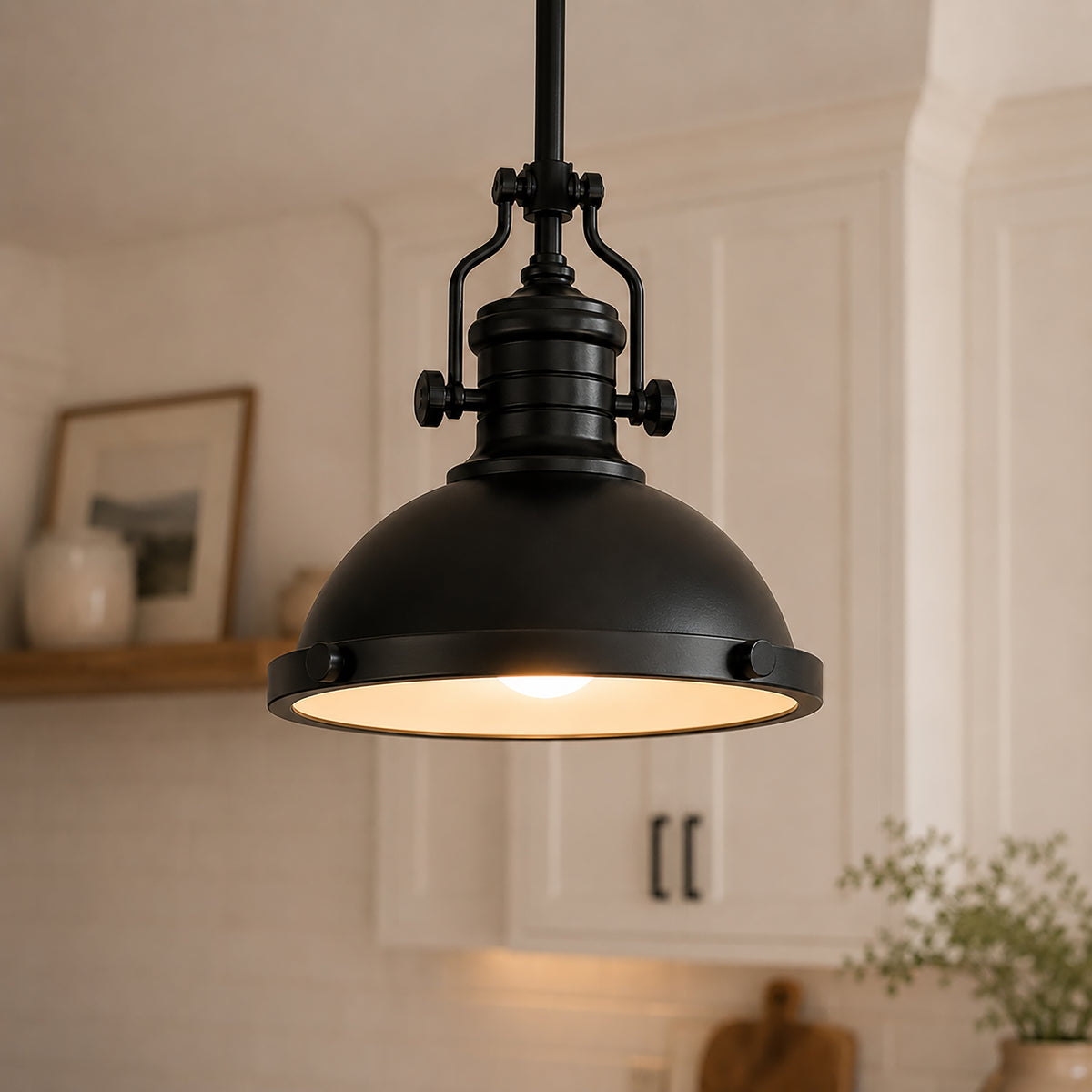 1-Light 13" Modern Industrial Matte Black Single Dome Pendant Light for Kitchen Island