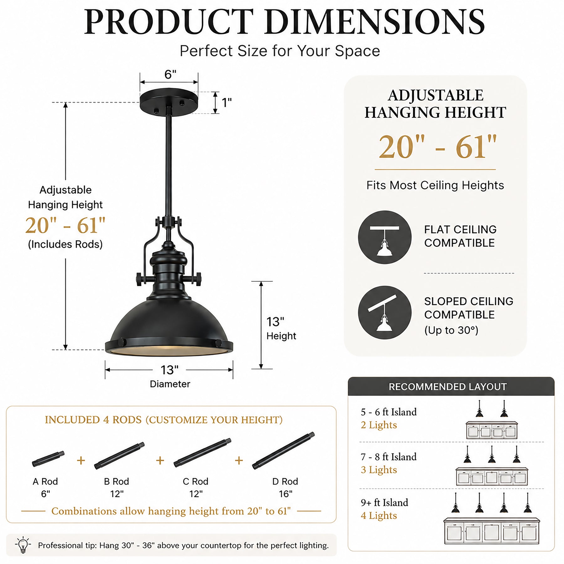 1-Light 13" Modern Industrial Matte Black Single Dome Pendant Light for Kitchen Island