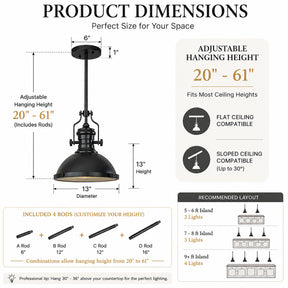 1-Light 13" Modern Industrial Matte Black Single Dome Pendant Light for Kitchen Island
