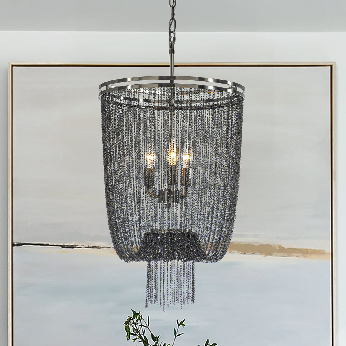 3-Light W16in Industry Modern Metal Chainmail Tassel Chandelier in Brush Black Nickel Finish