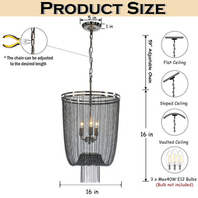 3-Light W16in Industry Modern Metal Chainmail Tassel Chandelier in Brush Black Nickel Finish