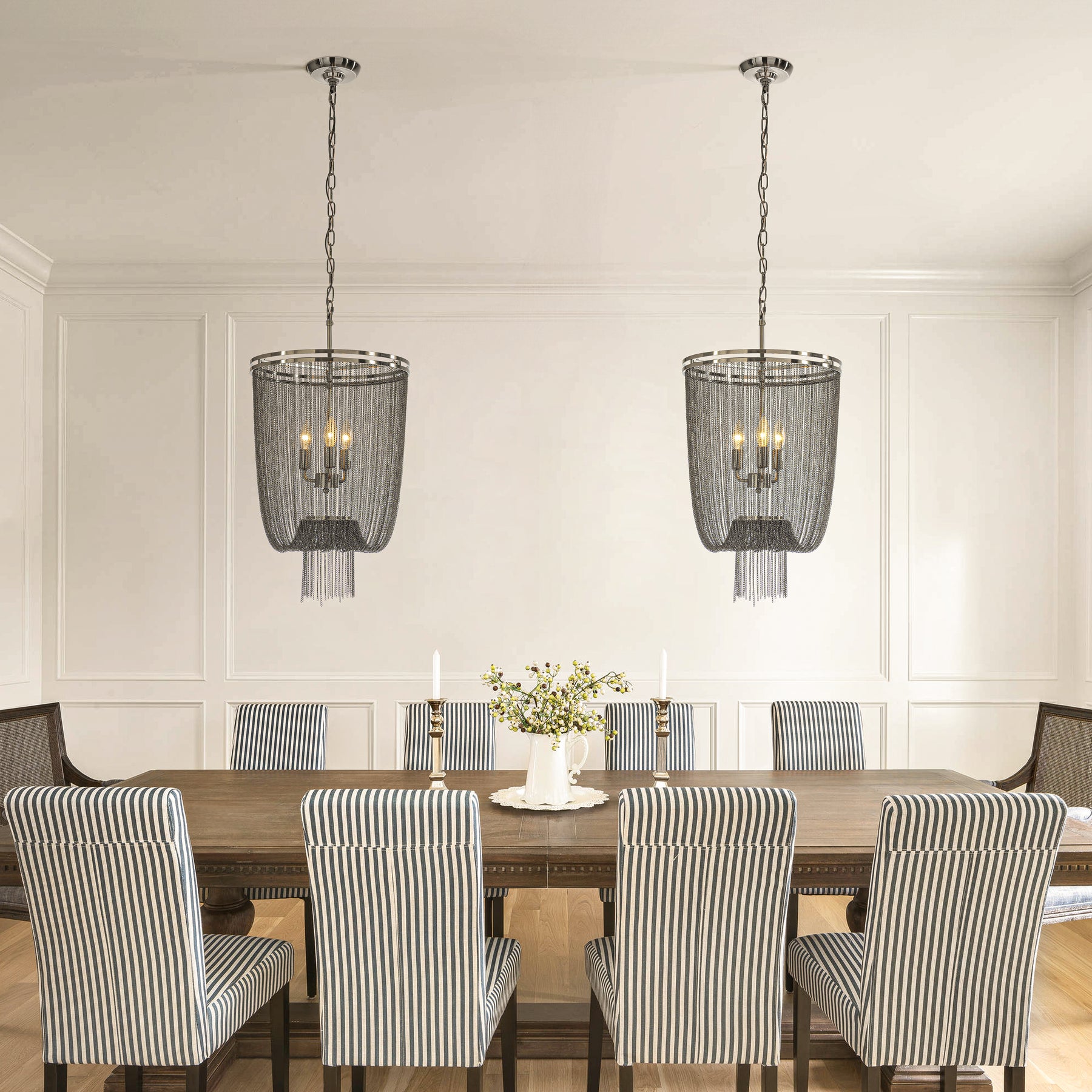3-Light W16in Industry Modern Metal Chainmail Tassel Chandelier in Brush Black Nickel Finish