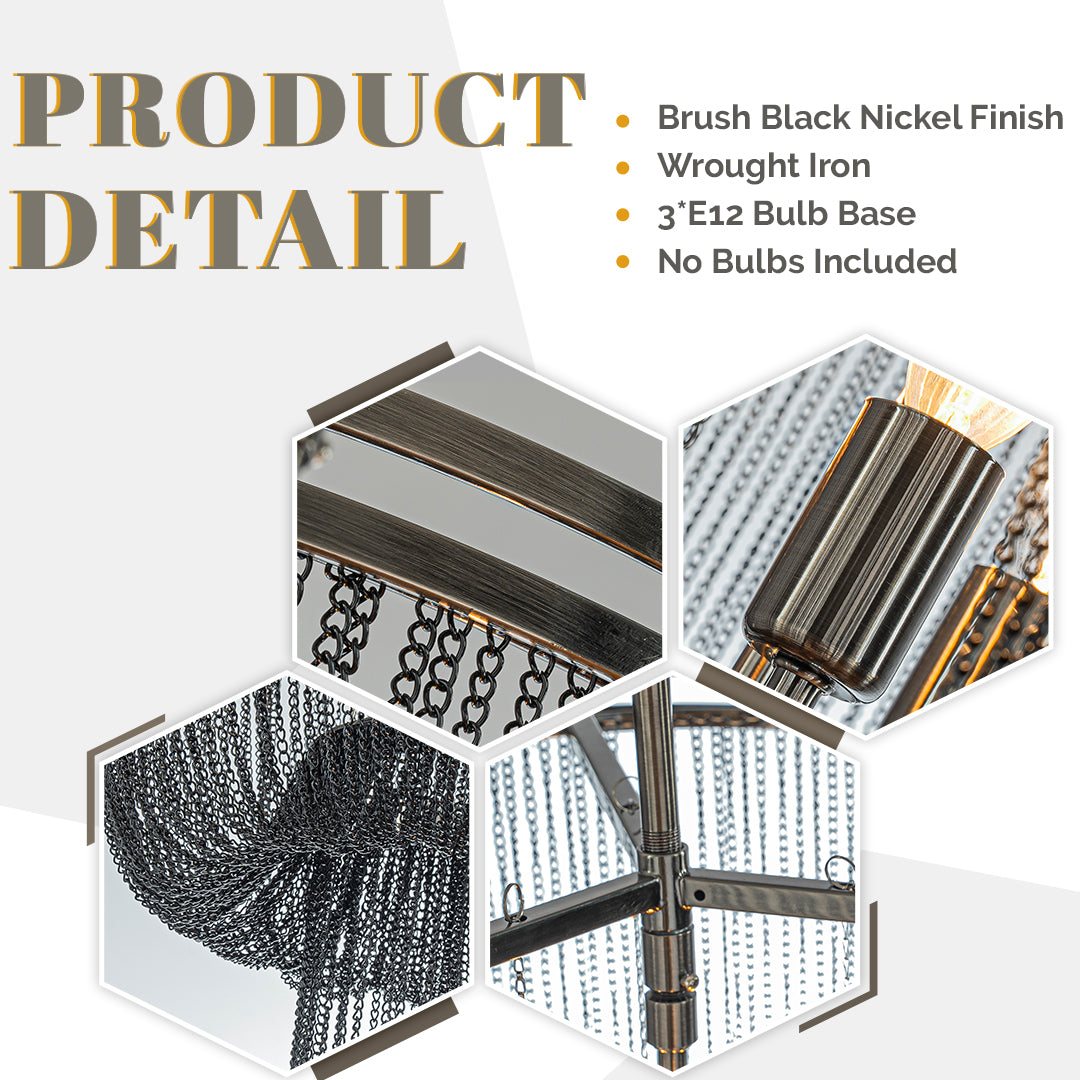 3-Light W16in Industry Modern Metal Chainmail Tassel Chandelier in Brush Black Nickel Finish