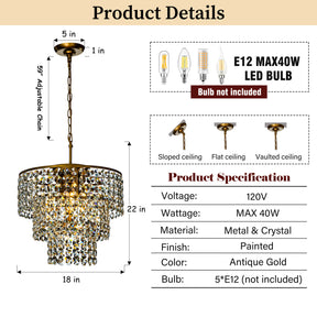 Antique Gold Tiered Chandelier with Clear Crystal Beads