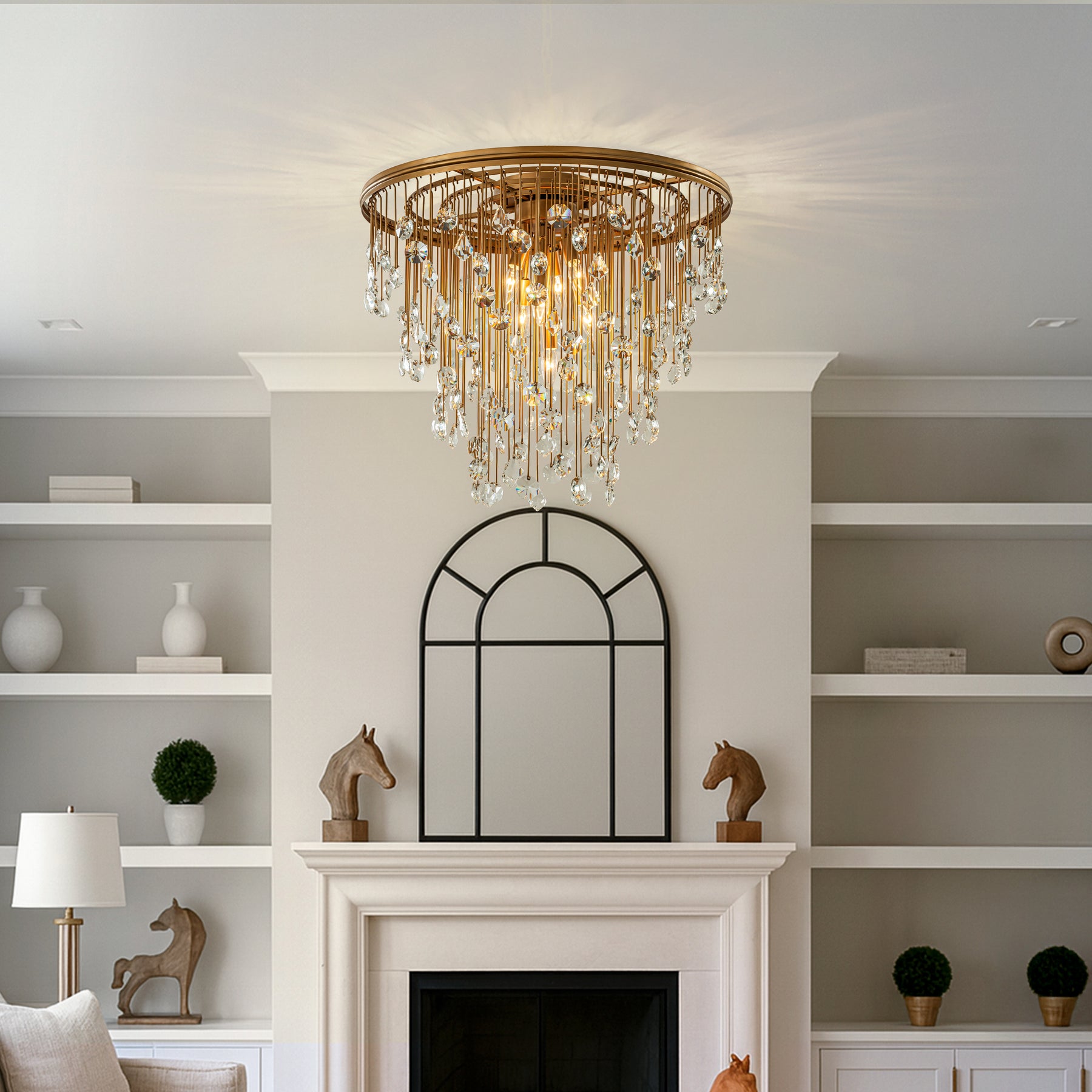 7-Light Modern Crystal Flush Mount Ceiling Light 28” Painted Brass Luxury Glam Flush Lighting for Bedroom Entryway Low Ceiling