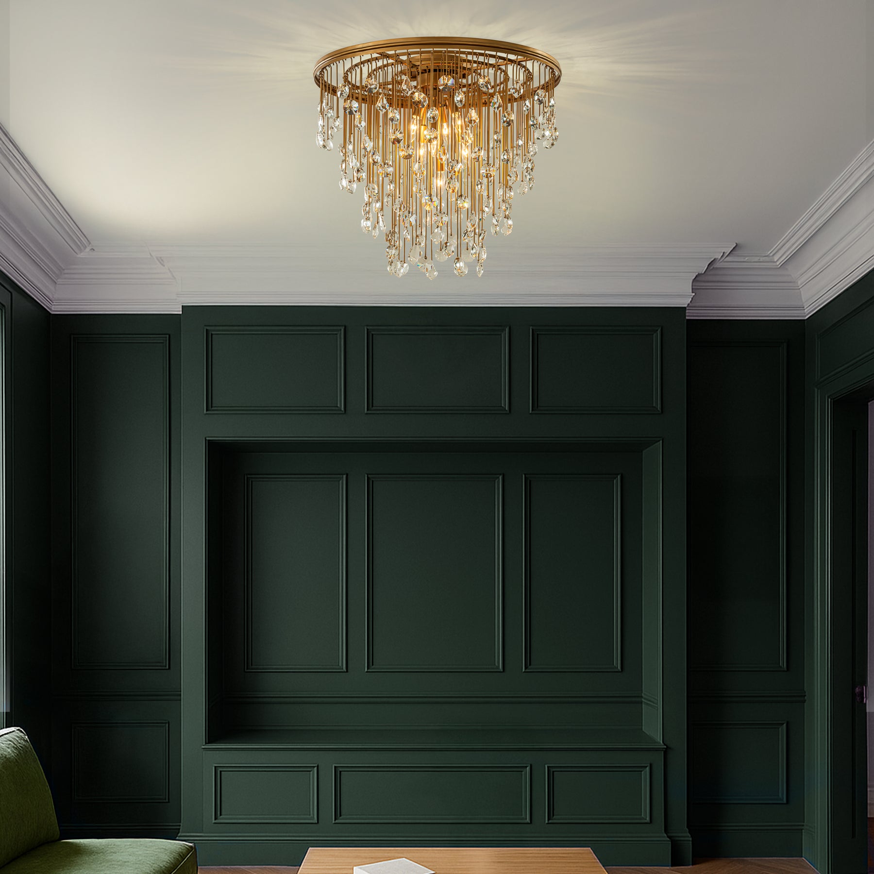 7-Light Modern Crystal Flush Mount Ceiling Light 28” Painted Brass Luxury Glam Flush Lighting for Bedroom Entryway Low Ceiling