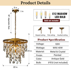 Modern Antique Gold Chandelier with Rain Drop Crystal