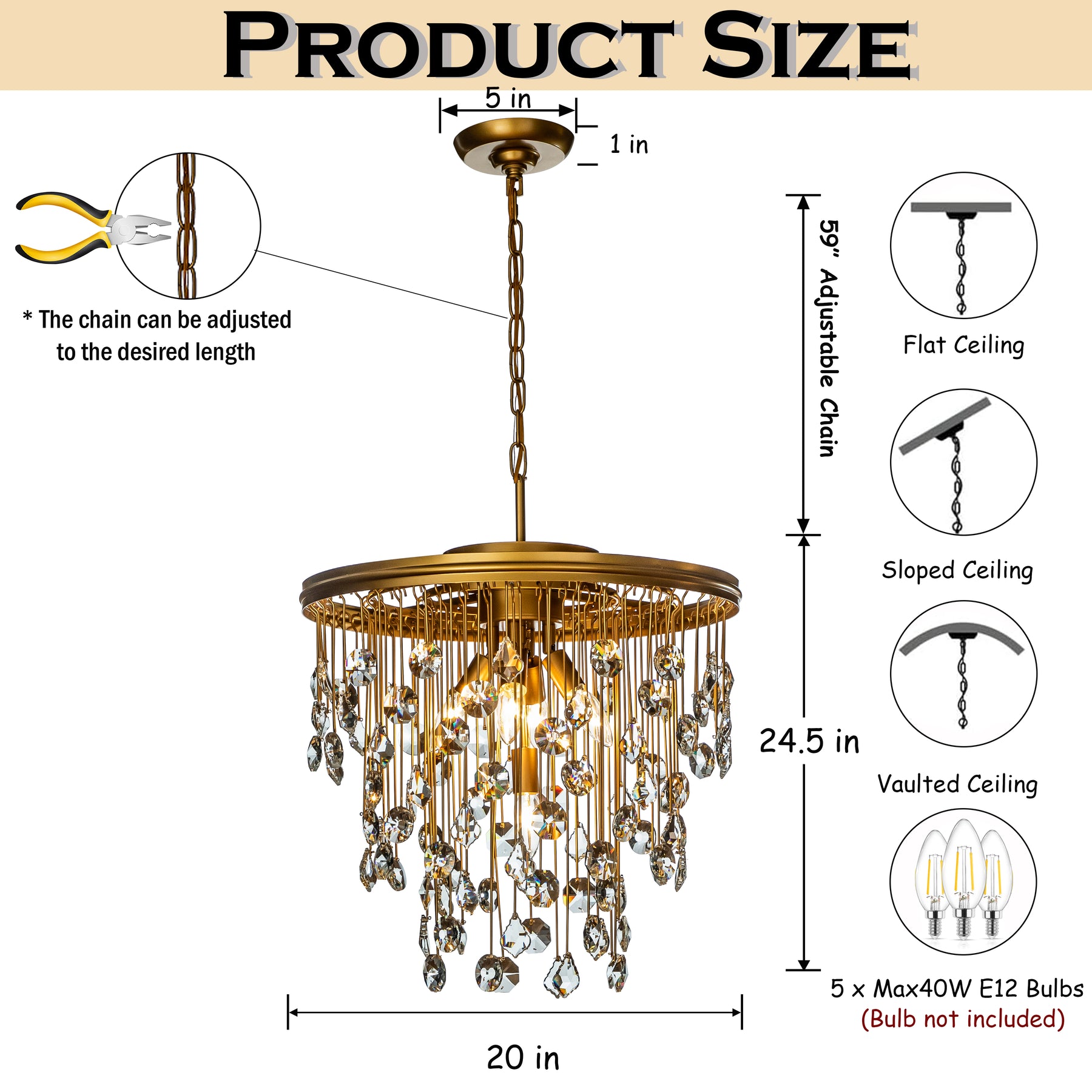 OpenBox 5-Light 20" Contemporary and Glam Antique Gold Rain Drop Crystal Chandelier
