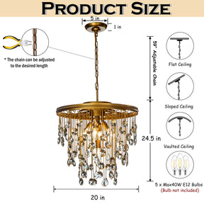 OpenBox 5-Light 20" Contemporary and Glam Antique Gold Rain Drop Crystal Chandelier