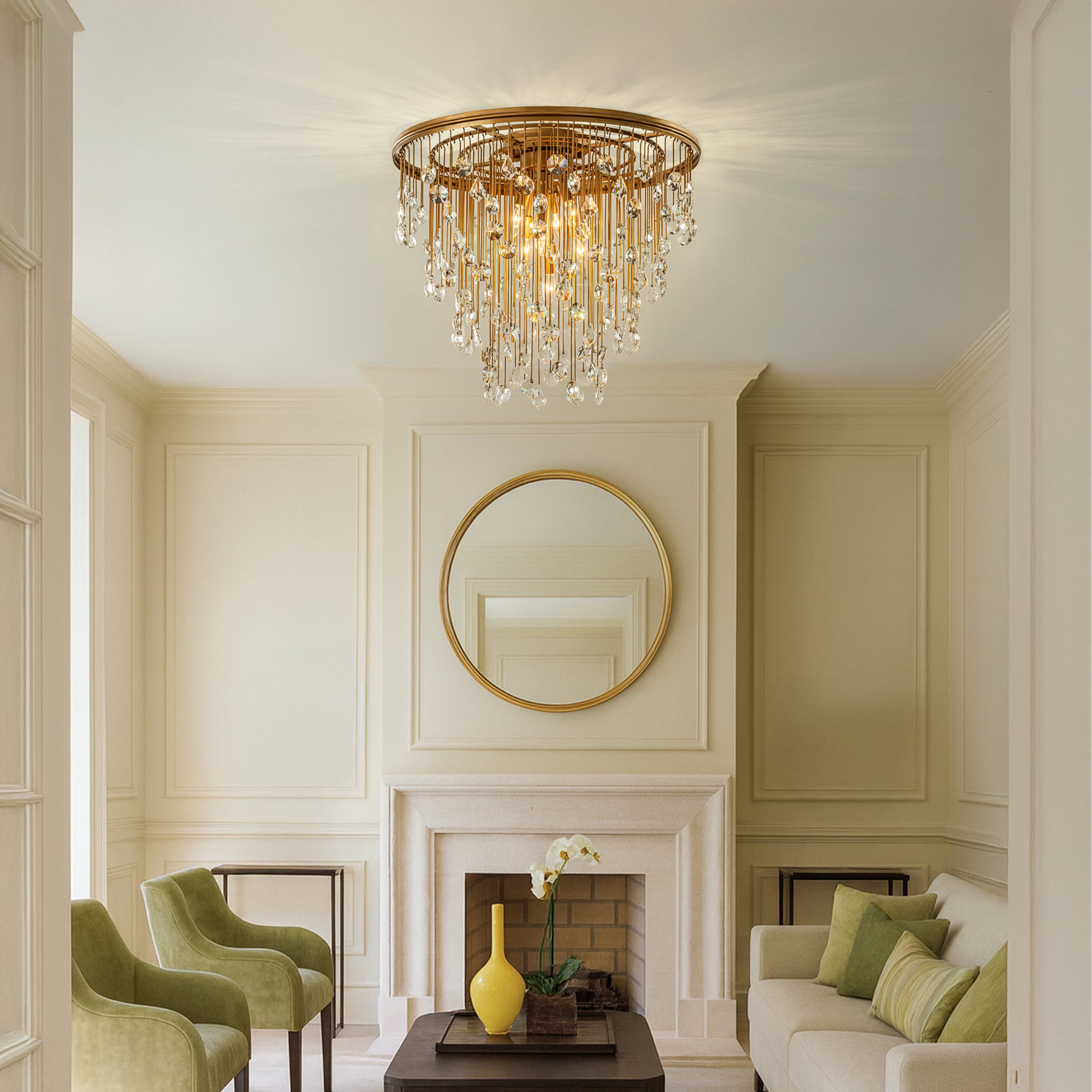 7-Light Modern Crystal Flush Mount Ceiling Light 28” Painted Brass Luxury Glam Flush Lighting for Bedroom Entryway Low Ceiling