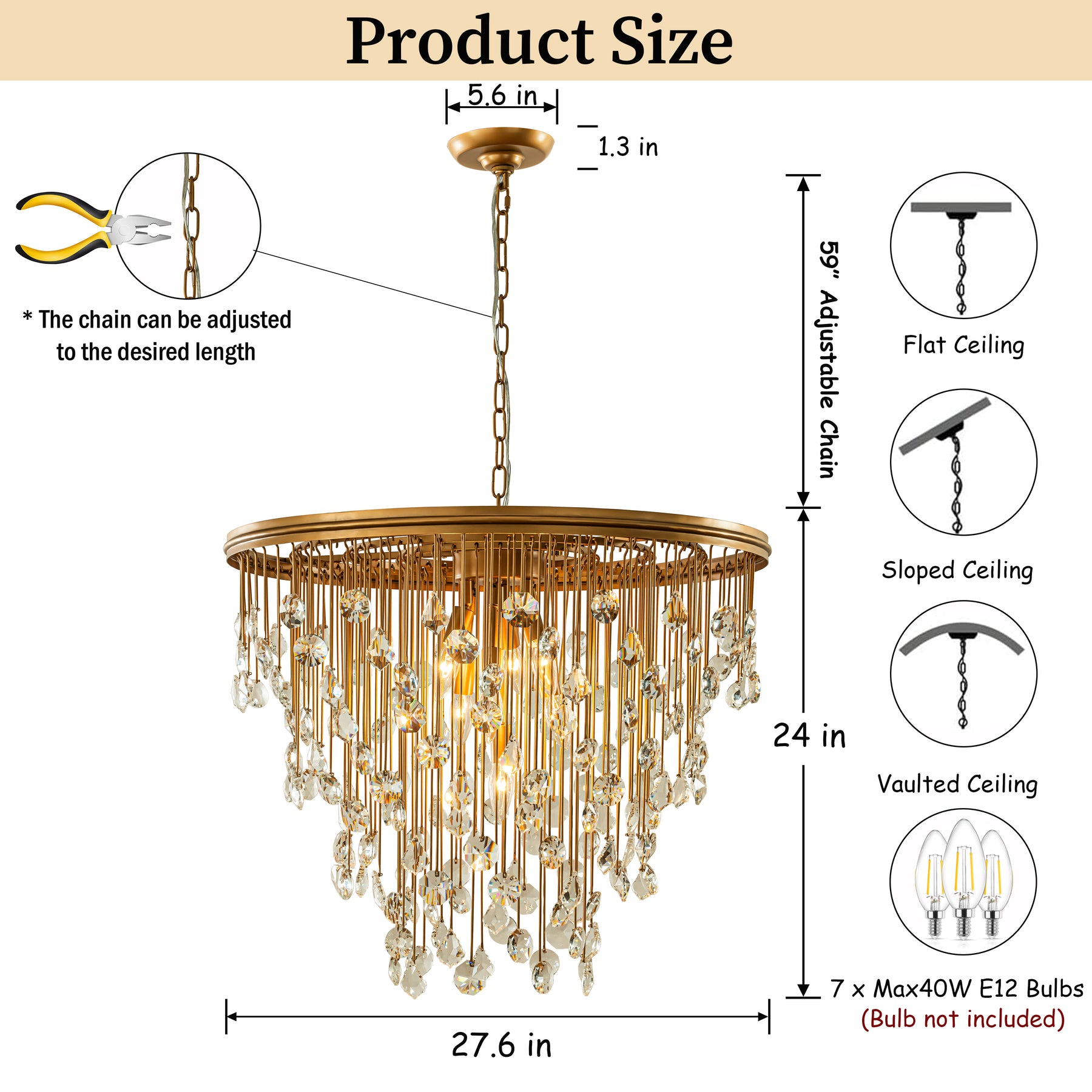 28” 7-Light Mid-Century Statement Crystal Chandelier Painted Brass Vintage Glam Pendant Light Adjustable Ceiling Fixture for Dining Room Living Room