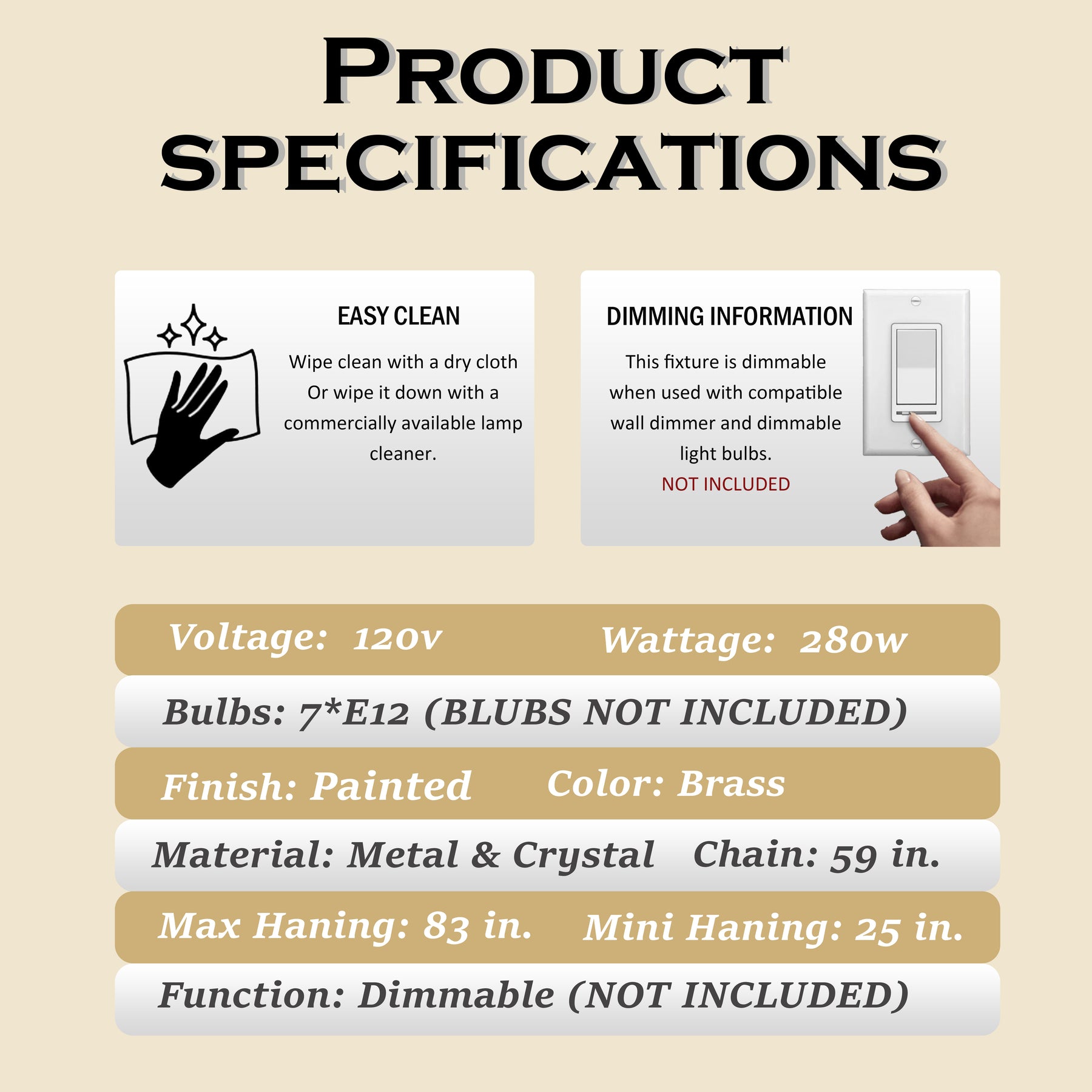 28” 7-Light Mid-Century Statement Crystal Chandelier Painted Brass Vintage Glam Pendant Light Adjustable Ceiling Fixture for Dining Room Living Room